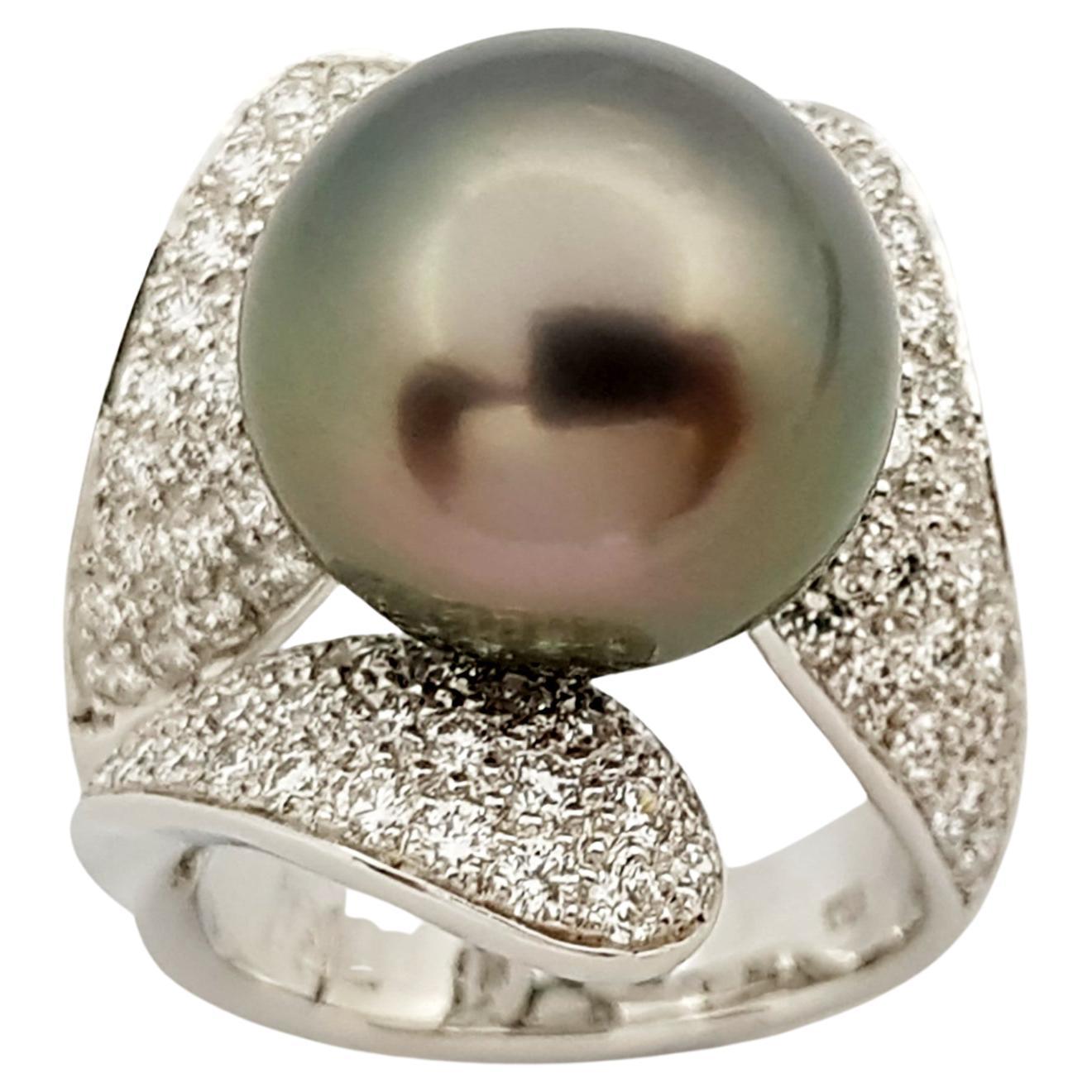 South Sea Pearl with Diamond Ring Set in 18 Karat White Gold Settings For Sale