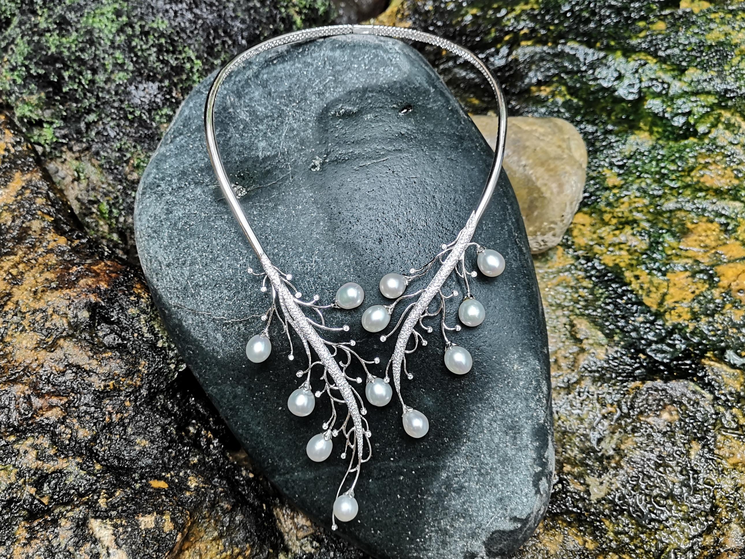 Mixed Cut South Sea Pearl with Diamond Vine Necklace Set in 18 Karat White Gold Settings For Sale