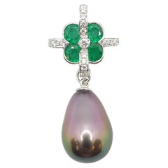 South Sea Pearl with Emerald and Diamond Pendant Set in 18 Karat White Gold Set