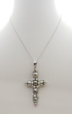 South Sea Pearl with Fresh Water Pearl Cross Pendant in 18 Karat White Gold