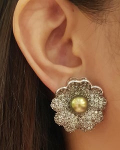 South Sea Pearl with Green Sapphire Earrings Set in 18 Karat White Gold Settings