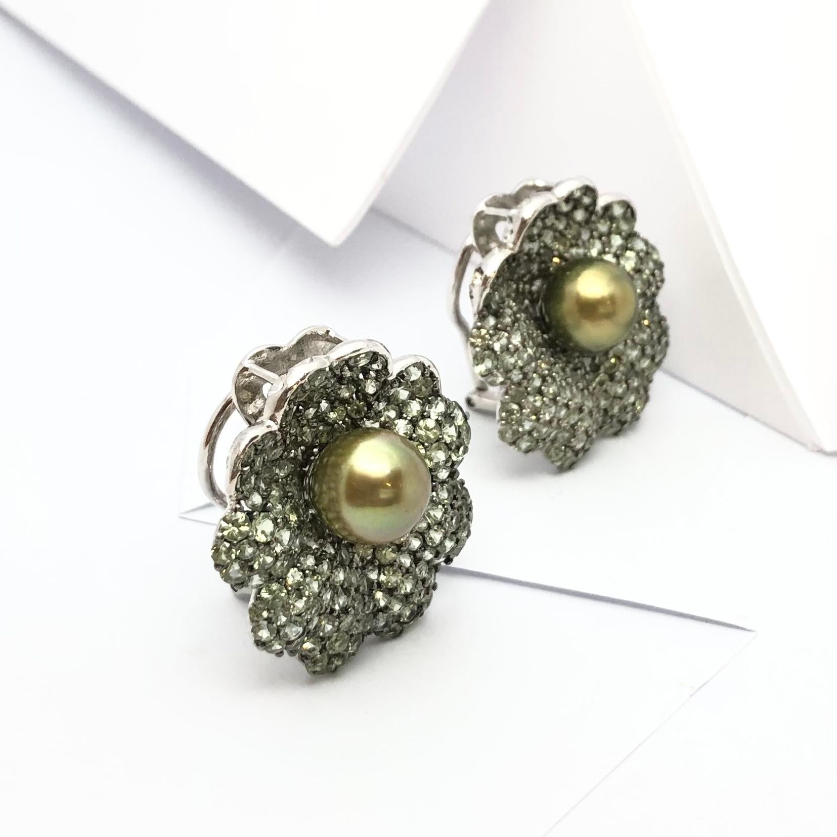 Brilliant Cut South Sea Pearl with Green Sapphire Earrings Set in 18 Karat White Gold Settings For Sale