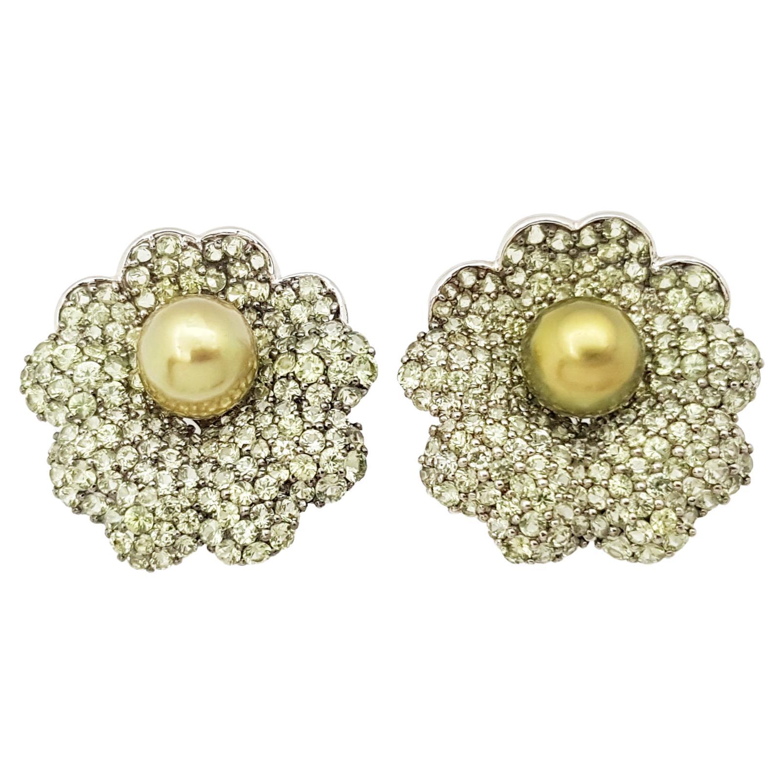 South Sea Pearl with Green Sapphire Earrings Set in 18 Karat White Gold Settings For Sale