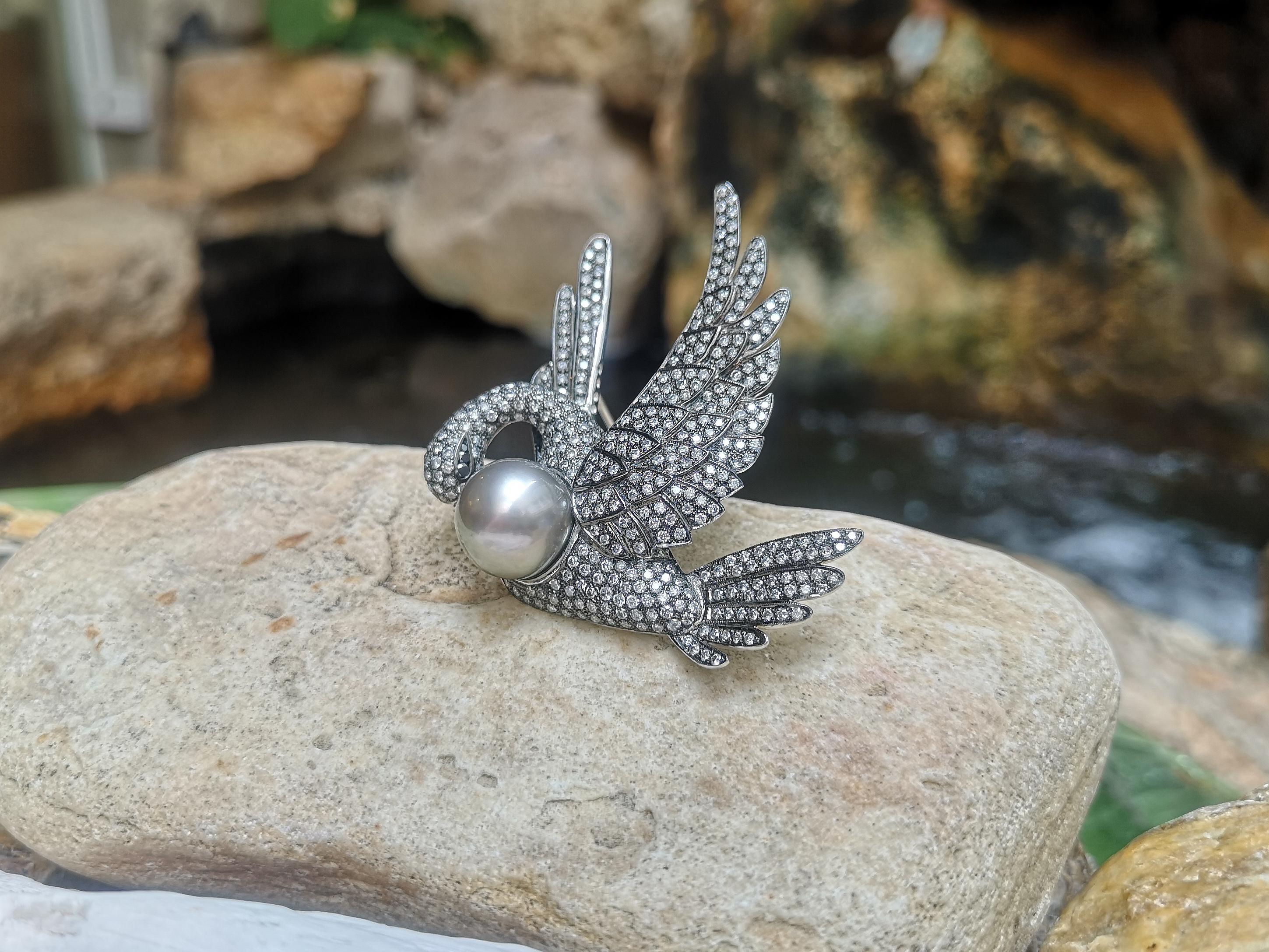 Women's South Sea Pearl with Grey and Brown Diamond Swan Brooch 18 Karat White Gold For Sale