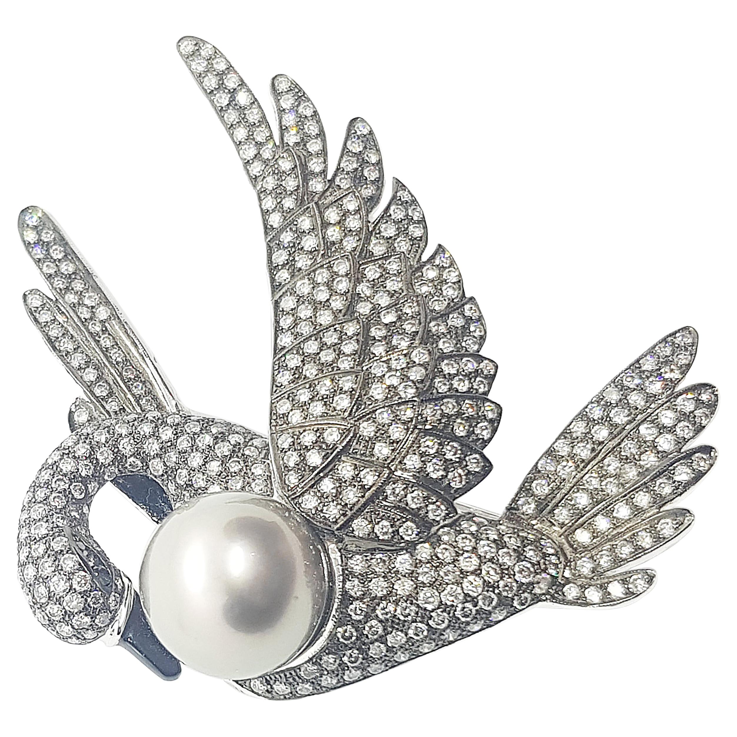 South Sea Pearl with Grey and Brown Diamond Swan Brooch 18 Karat White Gold
