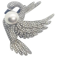 South Sea Pearl with Grey and Brown Diamond Swan Brooch 18 Karat White Gold