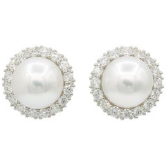 South Sea Pearl Diamond Halo Stud Earrings 2.75 Carats 18K