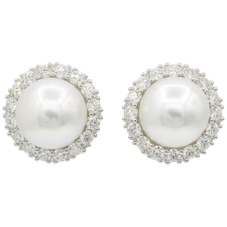 South Sea Pearl Diamond Halo Stud Earrings 2.75 Carats 18K For Sale at  1stDibs | pearl diamond earrings, pearl and diamond earrings, pearl diamond  halo earrings