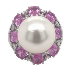 Bague en or 18 carats avec perles des mers du Sud et saphir rose de 4,50 carats