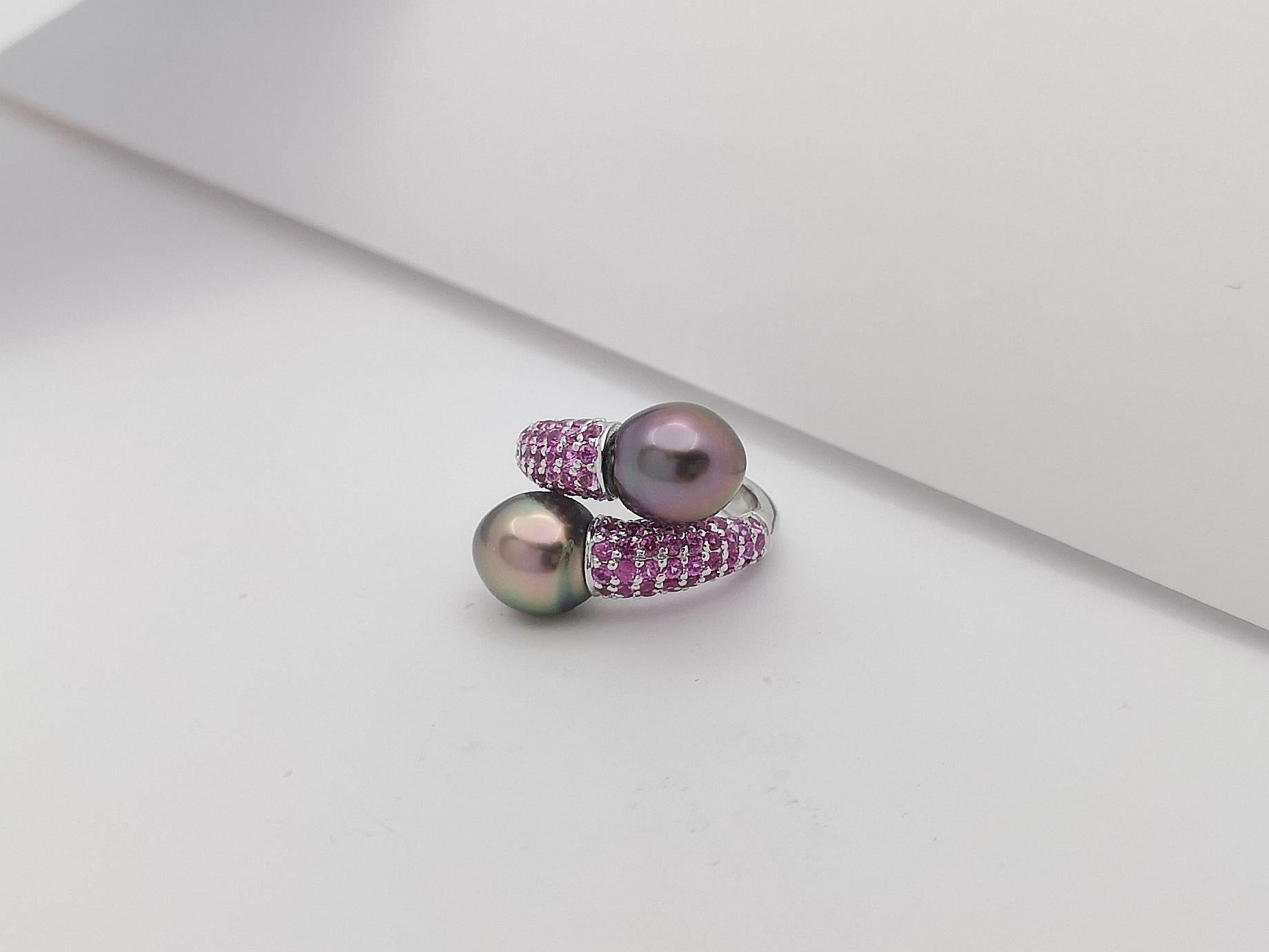 South Sea Pearl with Pink Sapphire Ring Set in 18 Karat White Gold Settings For Sale 5