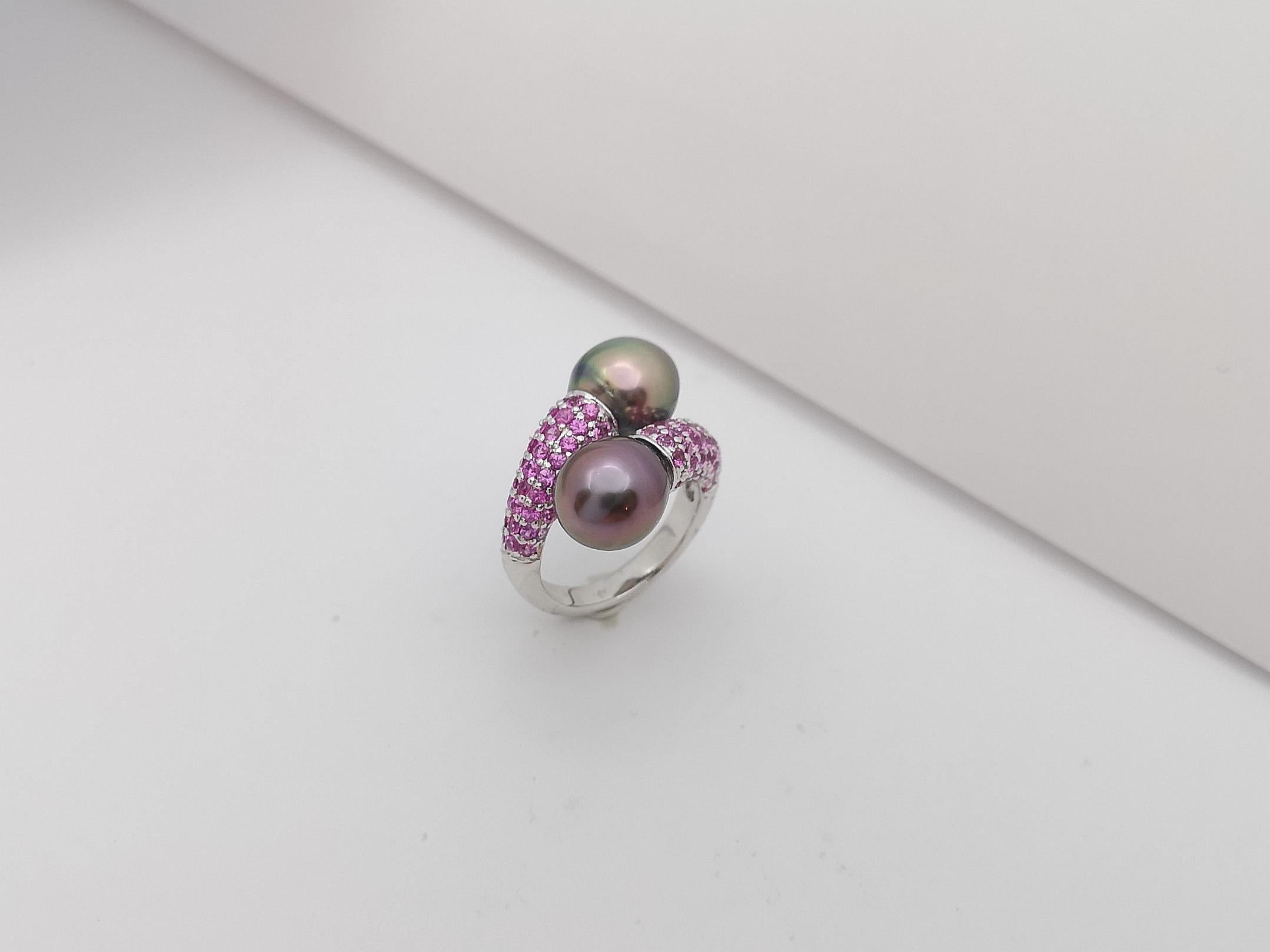 South Sea Pearl with Pink Sapphire Ring Set in 18 Karat White Gold Settings For Sale 8