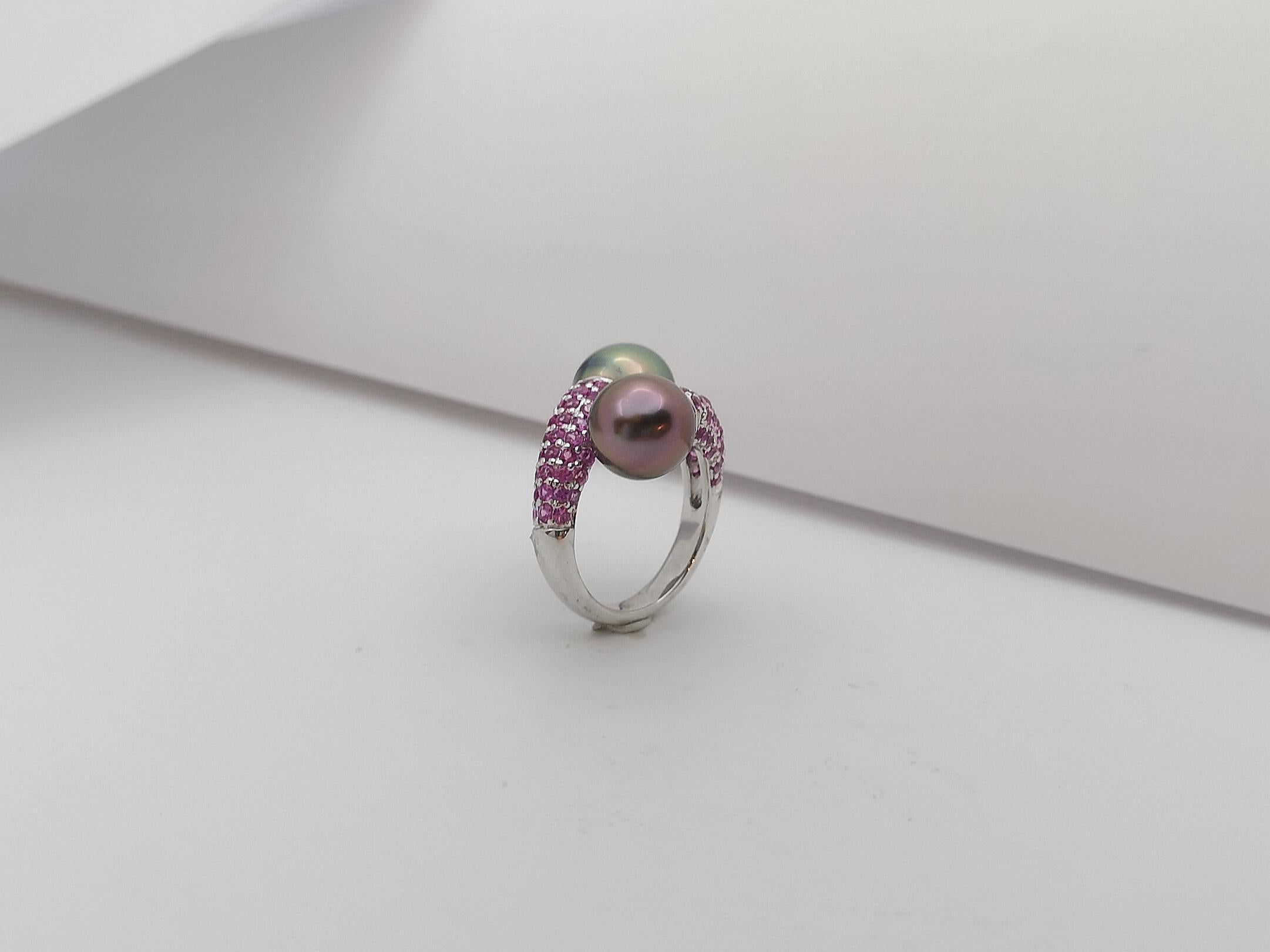 South Sea Pearl with Pink Sapphire Ring Set in 18 Karat White Gold Settings For Sale 9