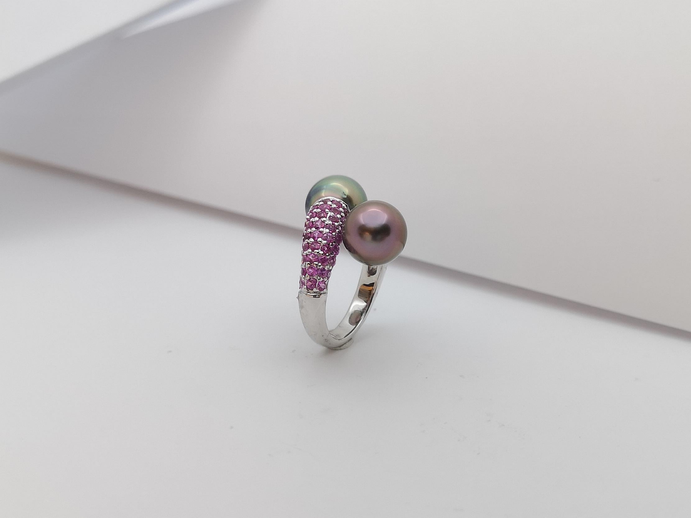 South Sea Pearl with Pink Sapphire Ring Set in 18 Karat White Gold Settings For Sale 12