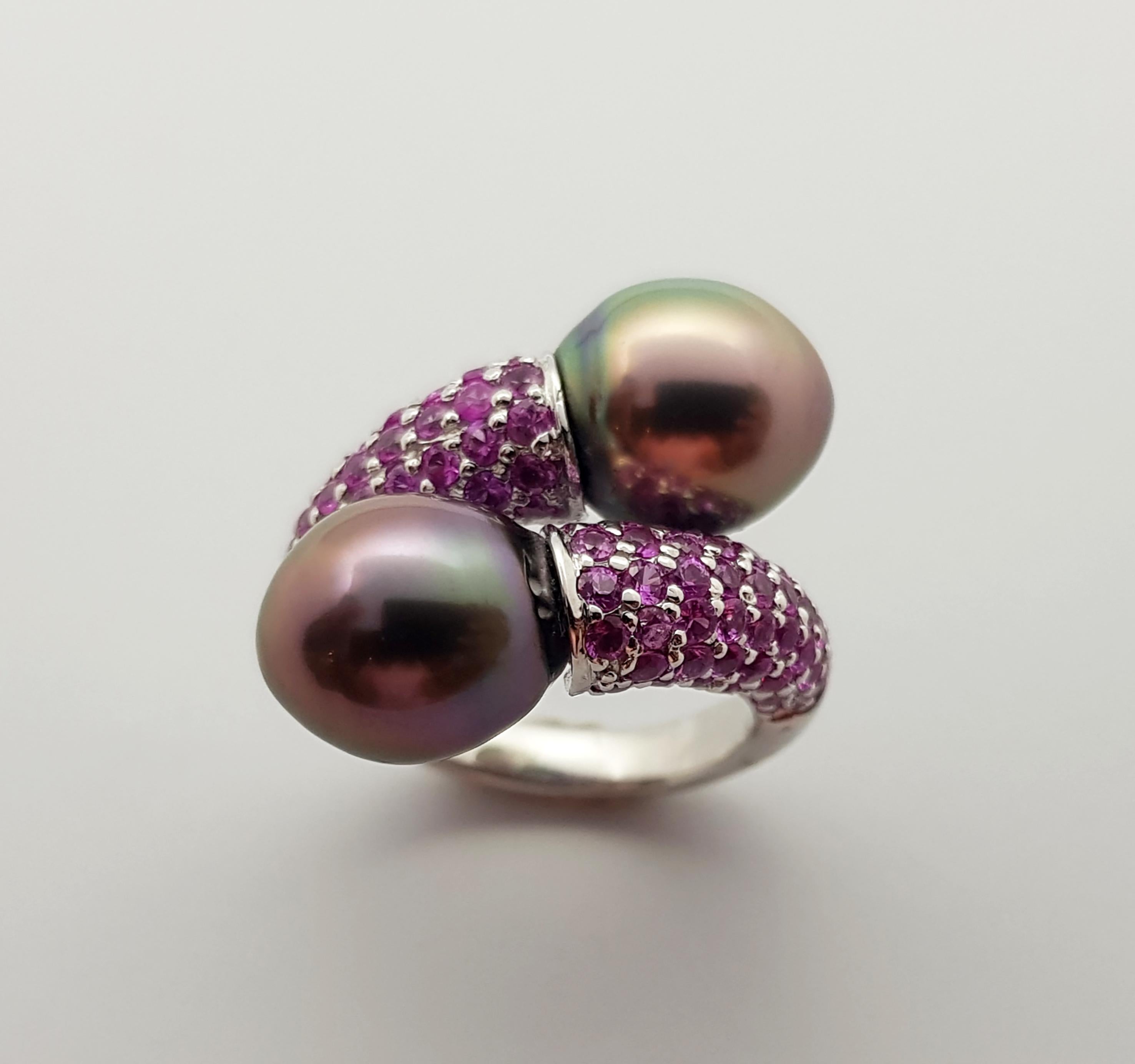 South Sea Pearl with Pink Sapphire Ring Set in 18 Karat White Gold Settings For Sale 3