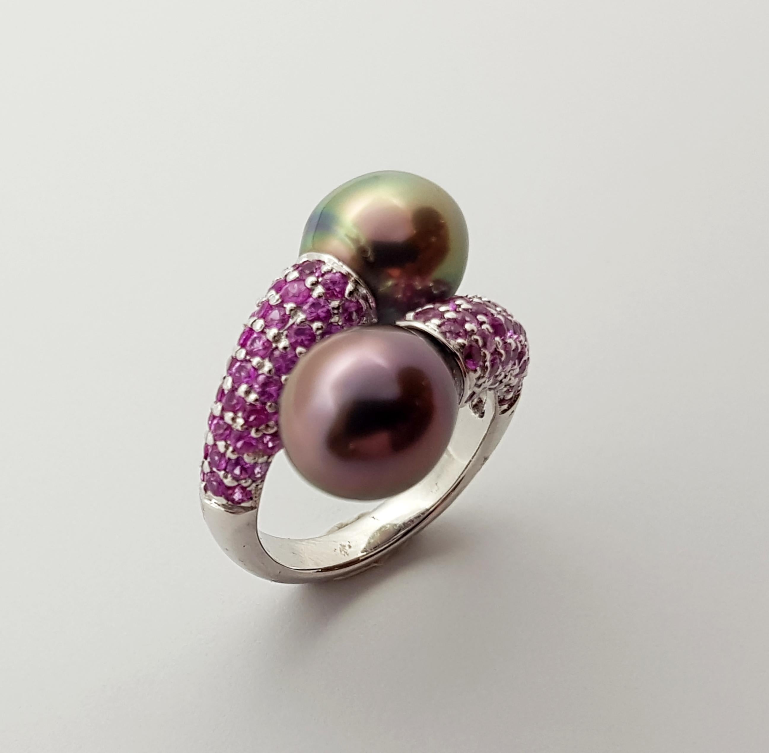 South Sea Pearl with Pink Sapphire Ring Set in 18 Karat White Gold Settings For Sale 4