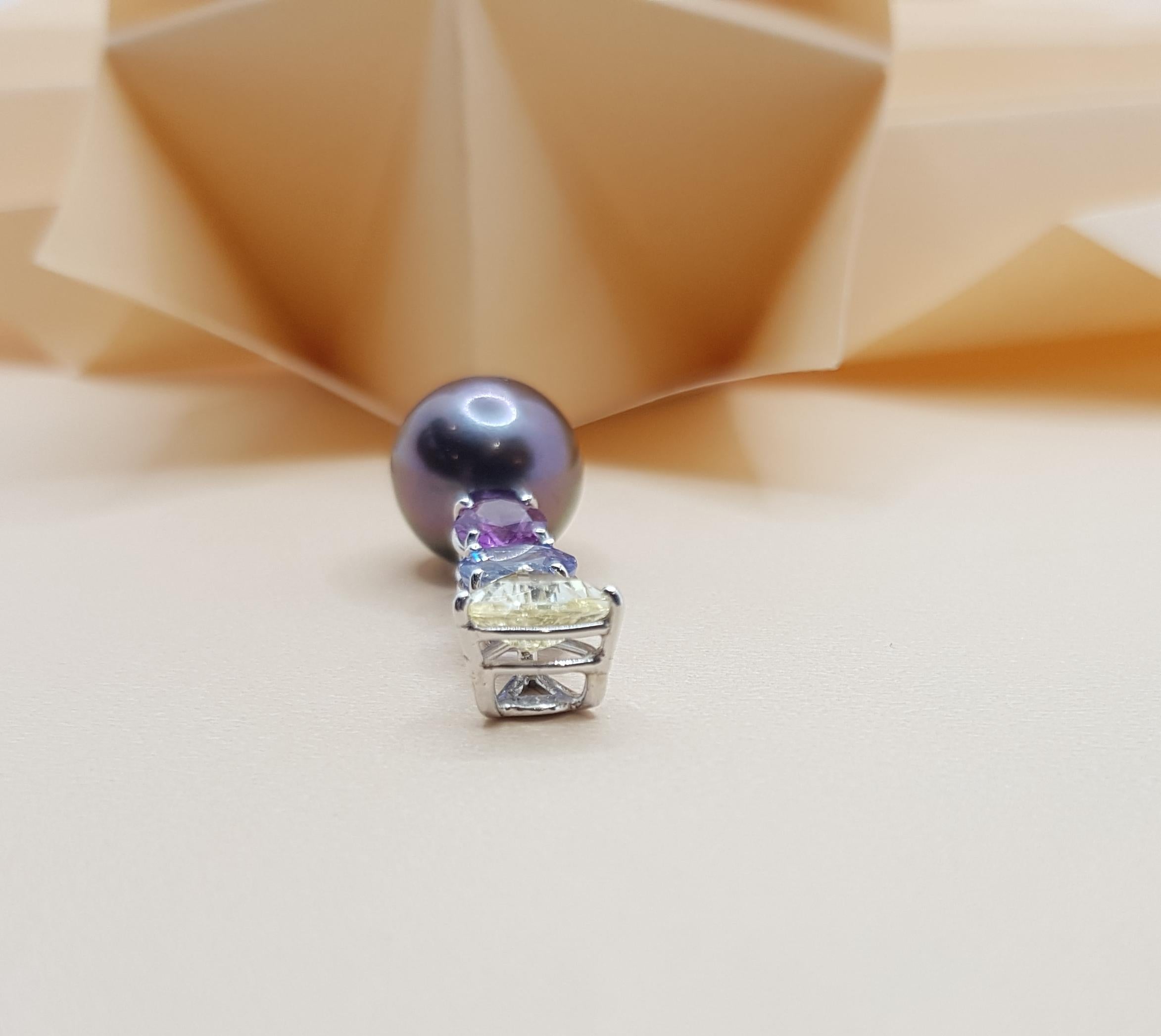 Taglio misto Ciondolo con perla dei mari del sud e zaffiro color arcobaleno in oro bianco 18 carati in vendita