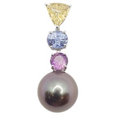 South Sea Pearl with Rainbow Colour Sapphire Pendant Set in 18 Karat White Gold 