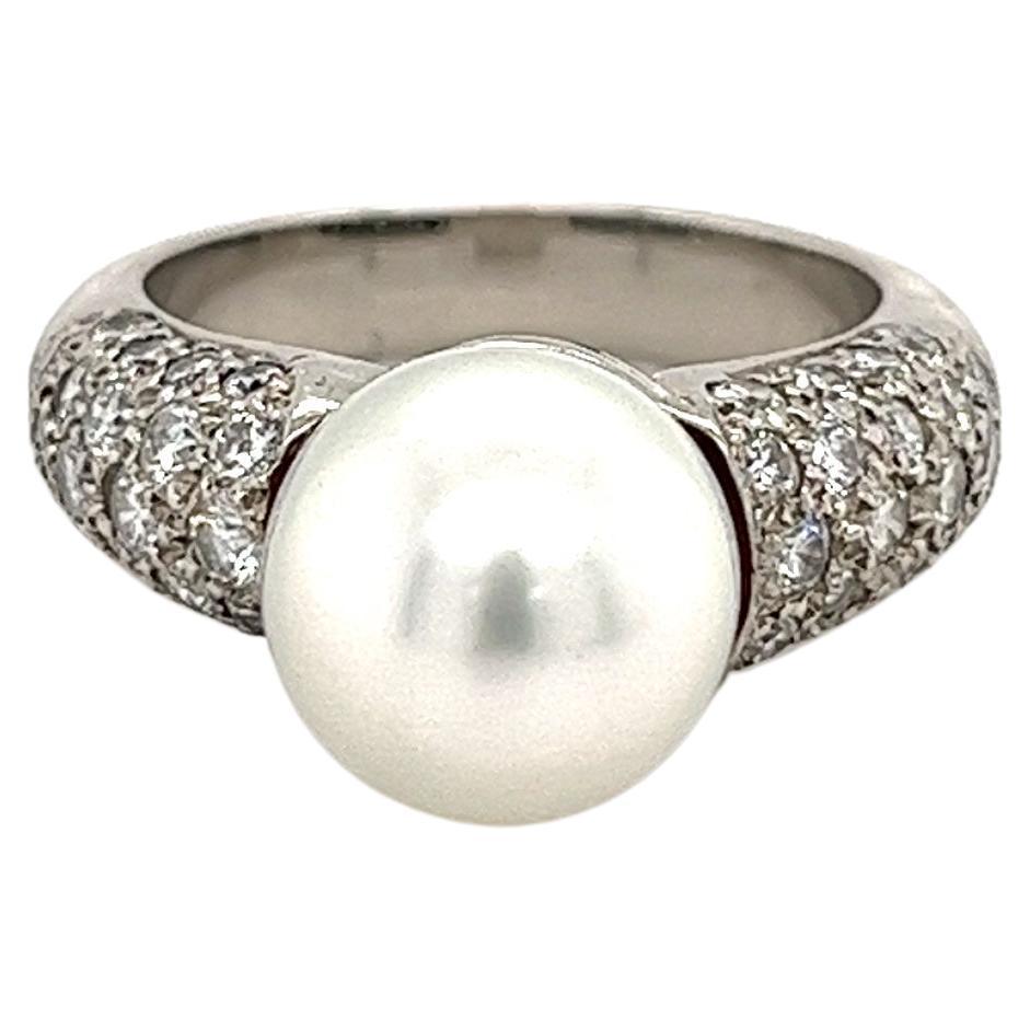 South Sea Pearl with Round Diamond Pave Side stones in Platinum Ring For Sale