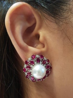 South Sea Pearl with Ruby and Diamond Earrings Set in 18 Karat White Gold