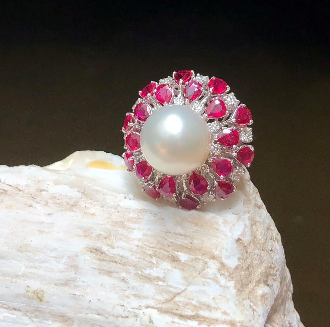 South Sea Pearl with Ruby and Diamond Ring Set in 18 Karat White Gold Settings For Sale 8