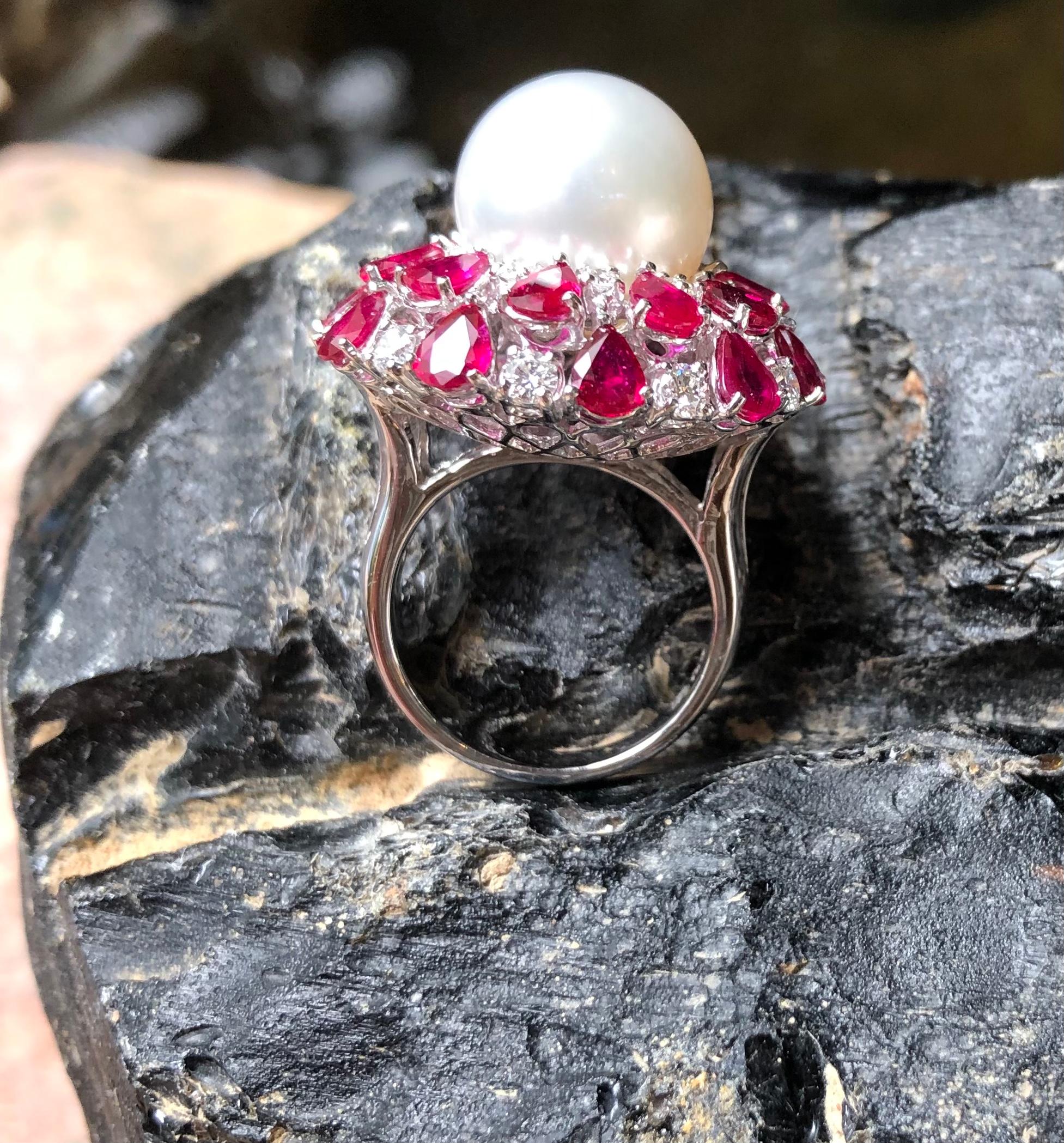 South Sea Pearl with Ruby and Diamond Ring Set in 18 Karat White Gold Settings For Sale 11