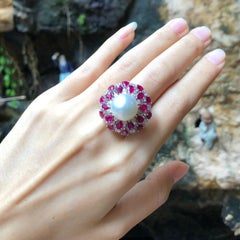 South Sea Pearl with Ruby and Diamond Ring Set in 18 Karat White Gold Settings