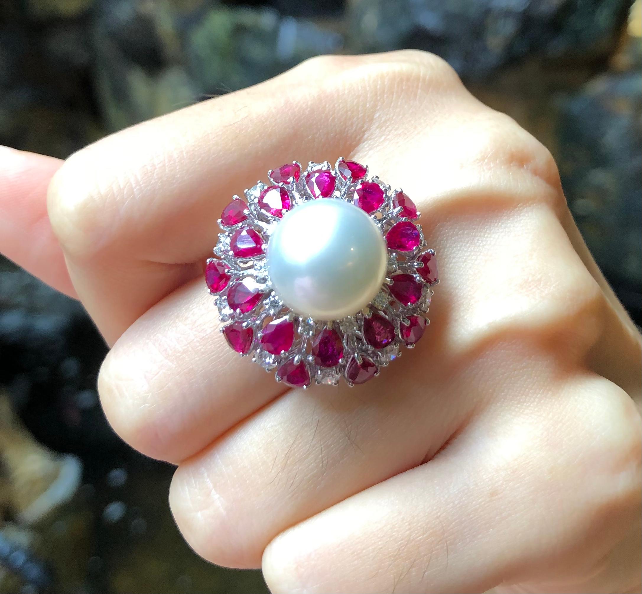 Women's South Sea Pearl with Ruby and Diamond Ring Set in 18 Karat White Gold Settings For Sale
