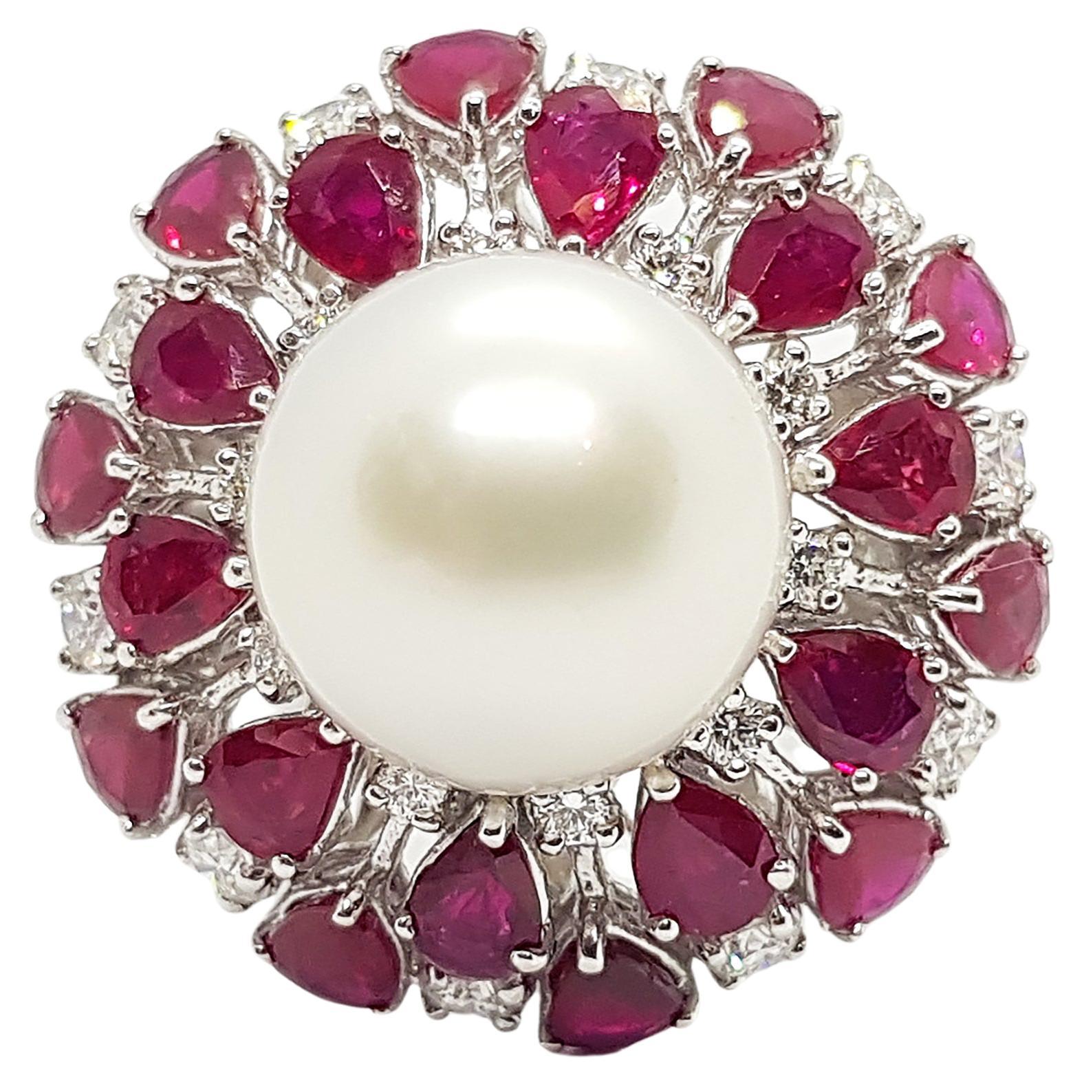 South Sea Pearl with Ruby and Diamond Ring Set in 18 Karat White Gold Settings For Sale