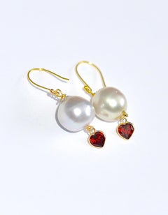 South Sea Pearl with Tiny Garnet Heart Earrings in 14K Solid Yellow Gold