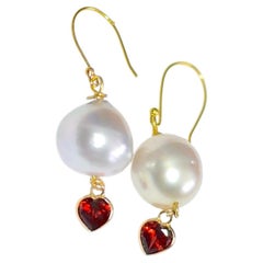 South Sea Pearl with Tiny Garnet Heart Earrings in 14K Solid Yellow Gold