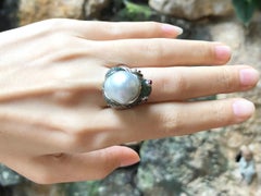 South Sea Pearl with Tsavorite and Cabochon Ruby Frog Ring Set in 18K White Gold