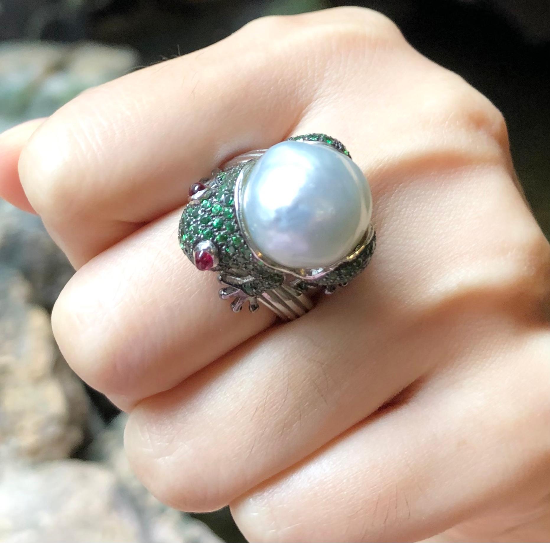 Women's South Sea Pearl with Tsavorite and Cabochon Ruby Frog Ring Set in 18K White Gold For Sale