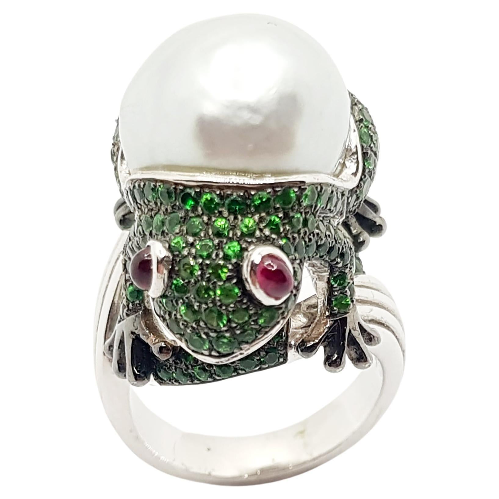 South Sea Pearl with Tsavorite and Cabochon Ruby Frog Ring Set in 18K White Gold For Sale