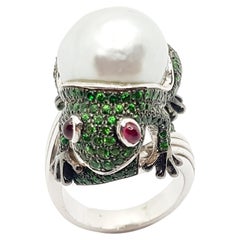 South Sea Pearl with Tsavorite and Cabochon Ruby Frog Ring Set in 18K White Gold