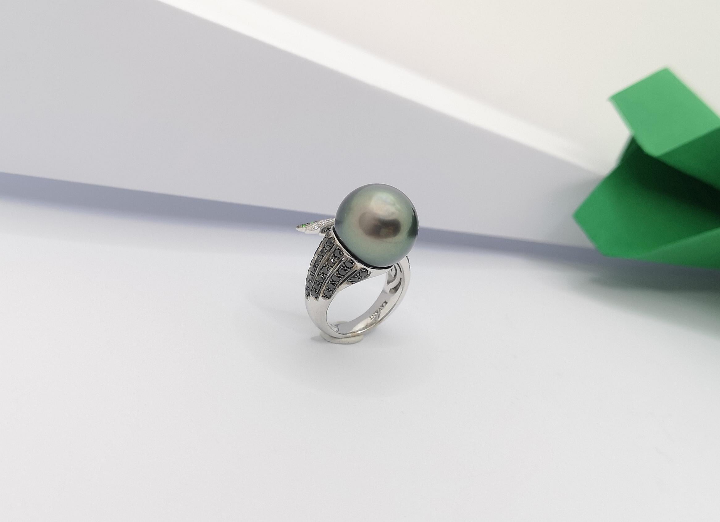 South Sea Pearl with Tsavorite, Diamond, Black Diamond Ring 18 Karat White Gold For Sale 8