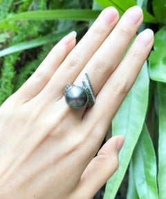 South Sea Pearl with Tsavorite, Diamond, Black Diamond Ring 18 Karat White Gold