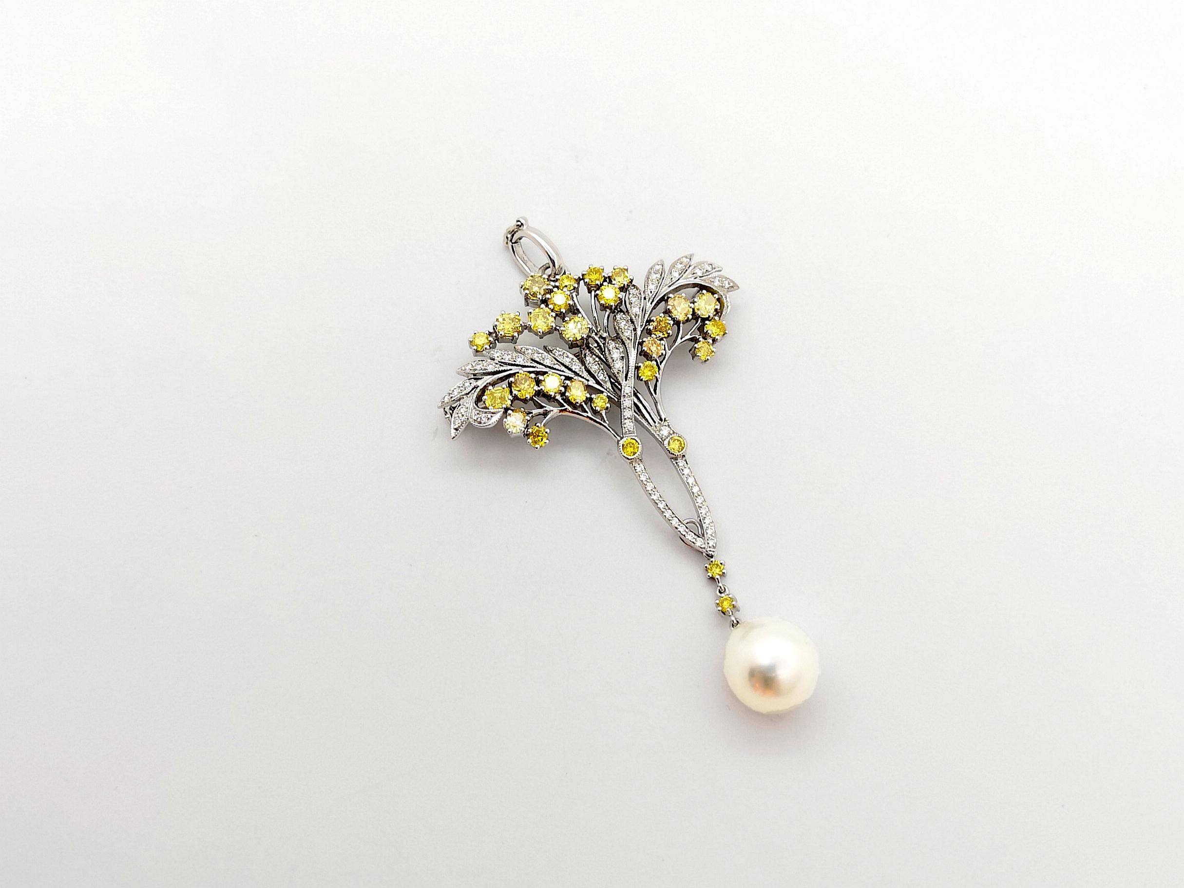 South Sea Pearl, Yellow Diamond and Diamond Brooch/Pendant set in 18K White Gold For Sale 4