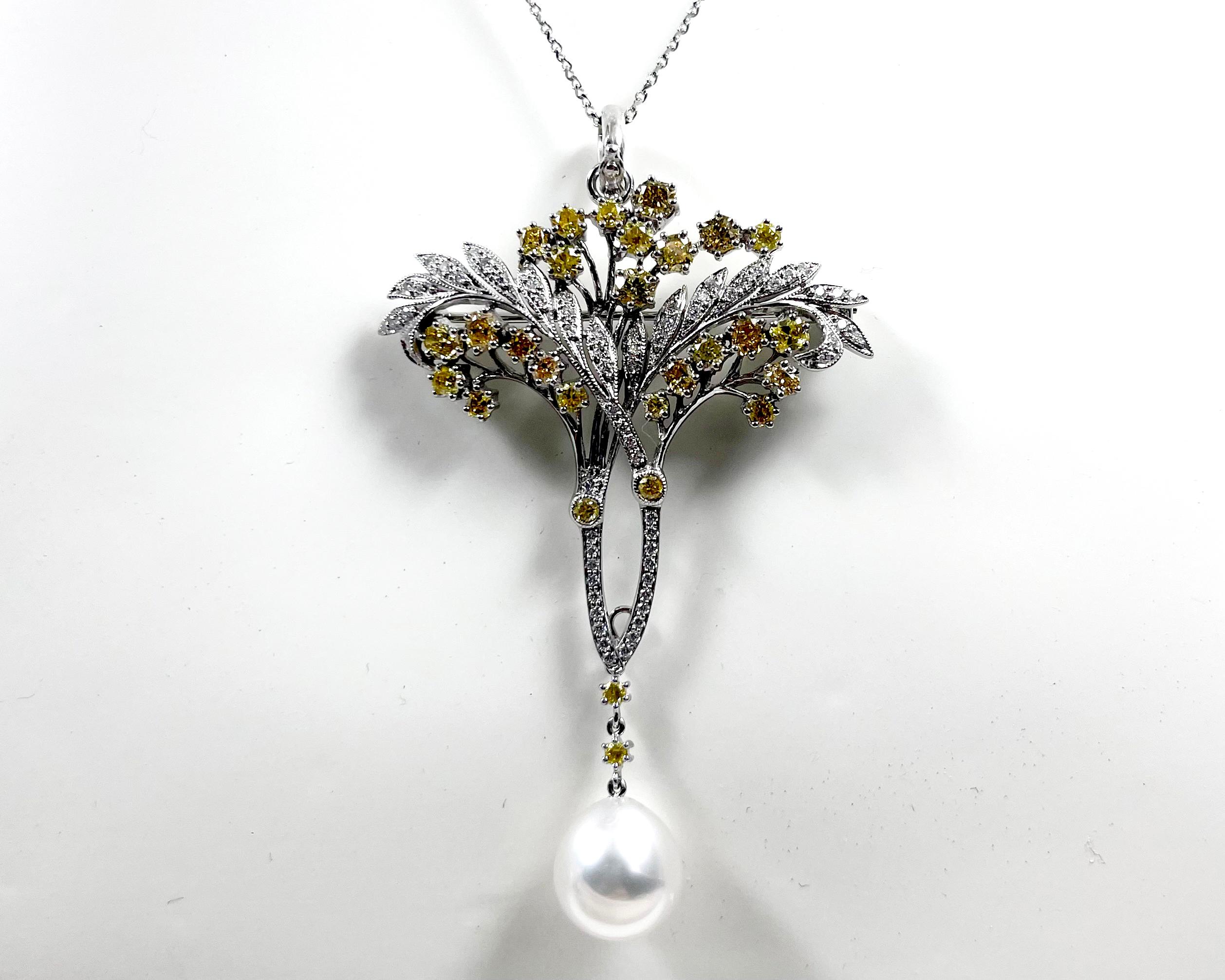 Broche/pendentif en or blanc 18 carats sertie de perles des mers du Sud, diamants jaunes et diamants en vente 5