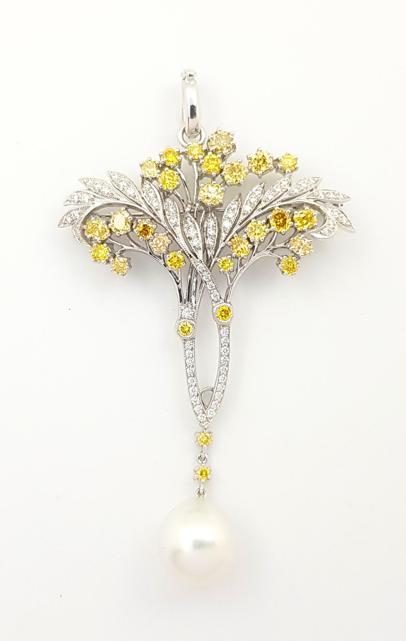 South Sea Pearl, Yellow Diamond 2.44 carats and Diamond 0.40 carat Brooch/Pendant set in 18K White Gold Settings
(chain not included)

Width: 4.0 cm 
Length: 7.0 cm
Total Weight: 11.28 grams

South Sea Pearl approx. 10mm

