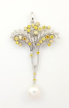 South Sea Pearl, Yellow Diamond and Diamond Brooch/Pendant set in 18K White Gold