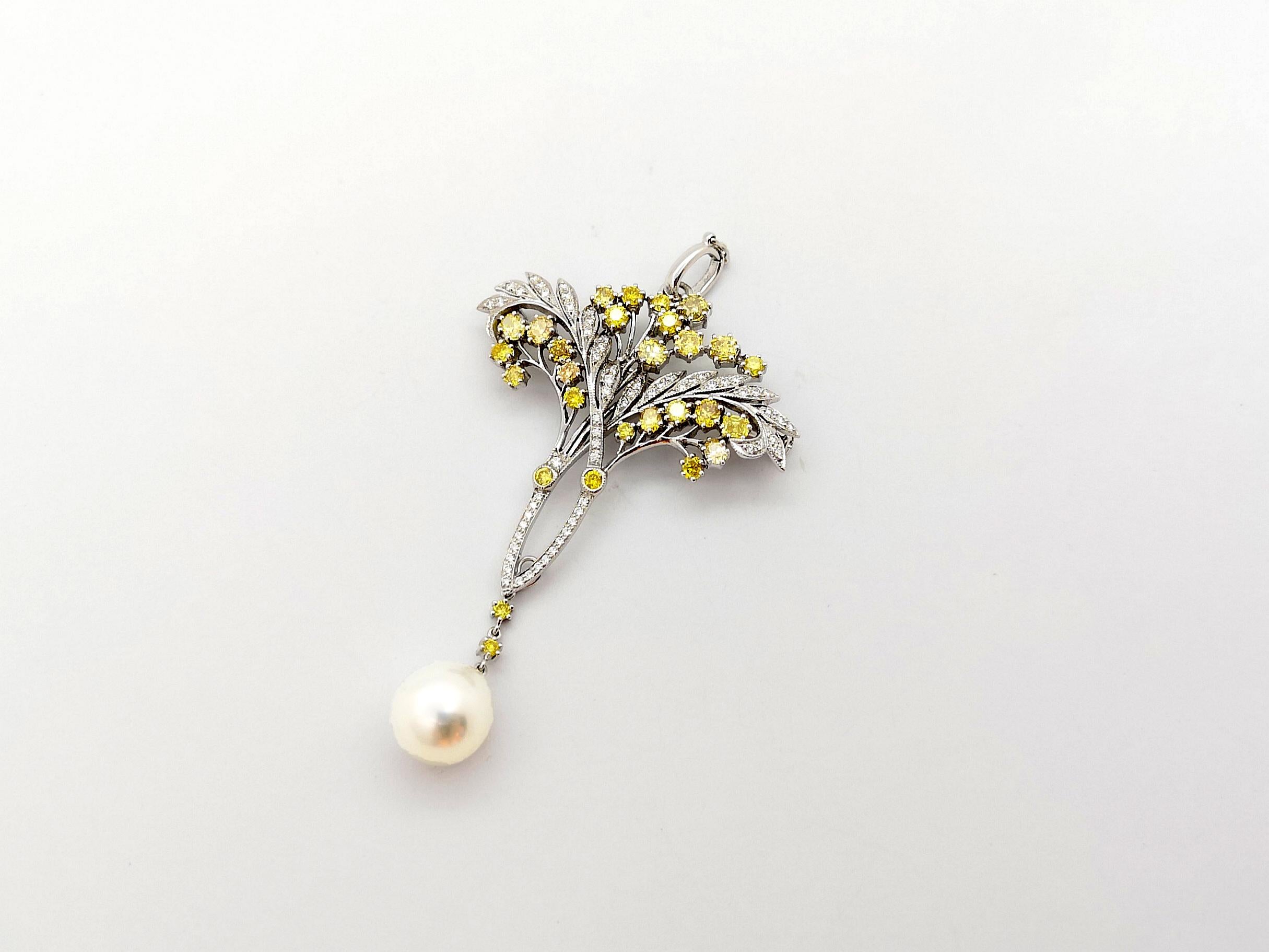 Women's South Sea Pearl, Yellow Diamond and Diamond Brooch/Pendant set in 18K White Gold For Sale