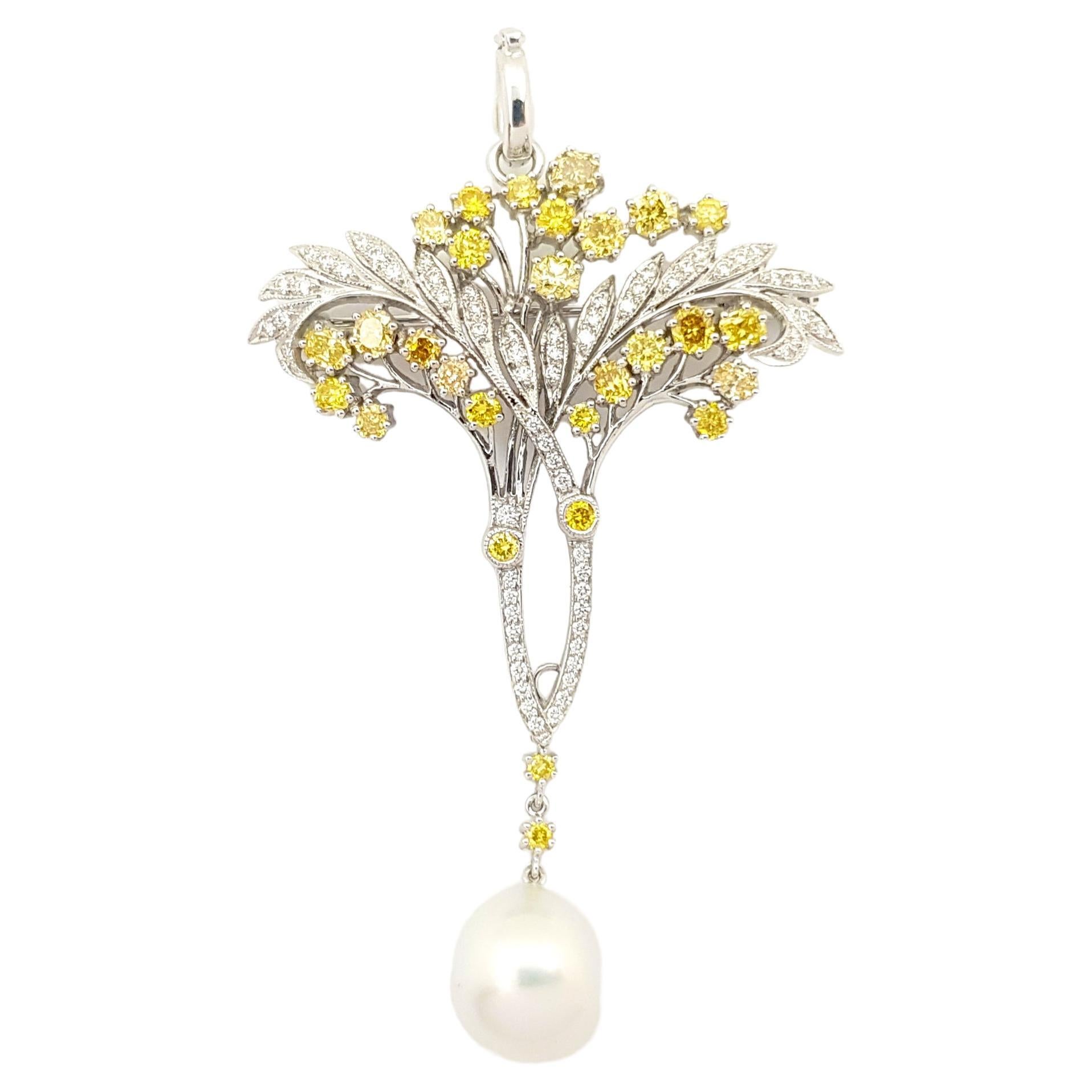South Sea Pearl, Yellow Diamond and Diamond Brooch/Pendant set in 18K White Gold For Sale