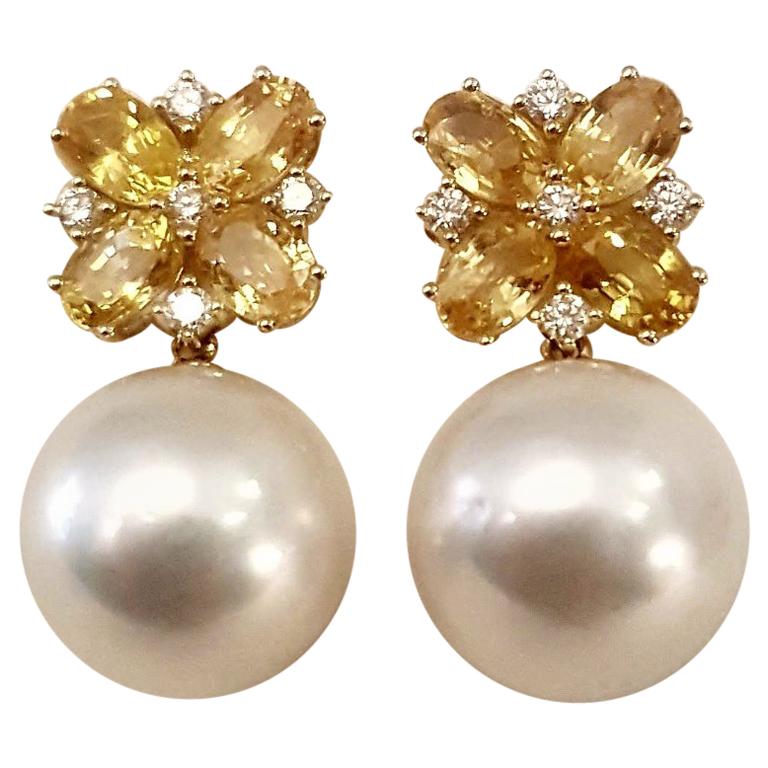 South Sea Pearl, Yellow Sapphire and Diamonds 18 Karat Pierced Earrings For Sale