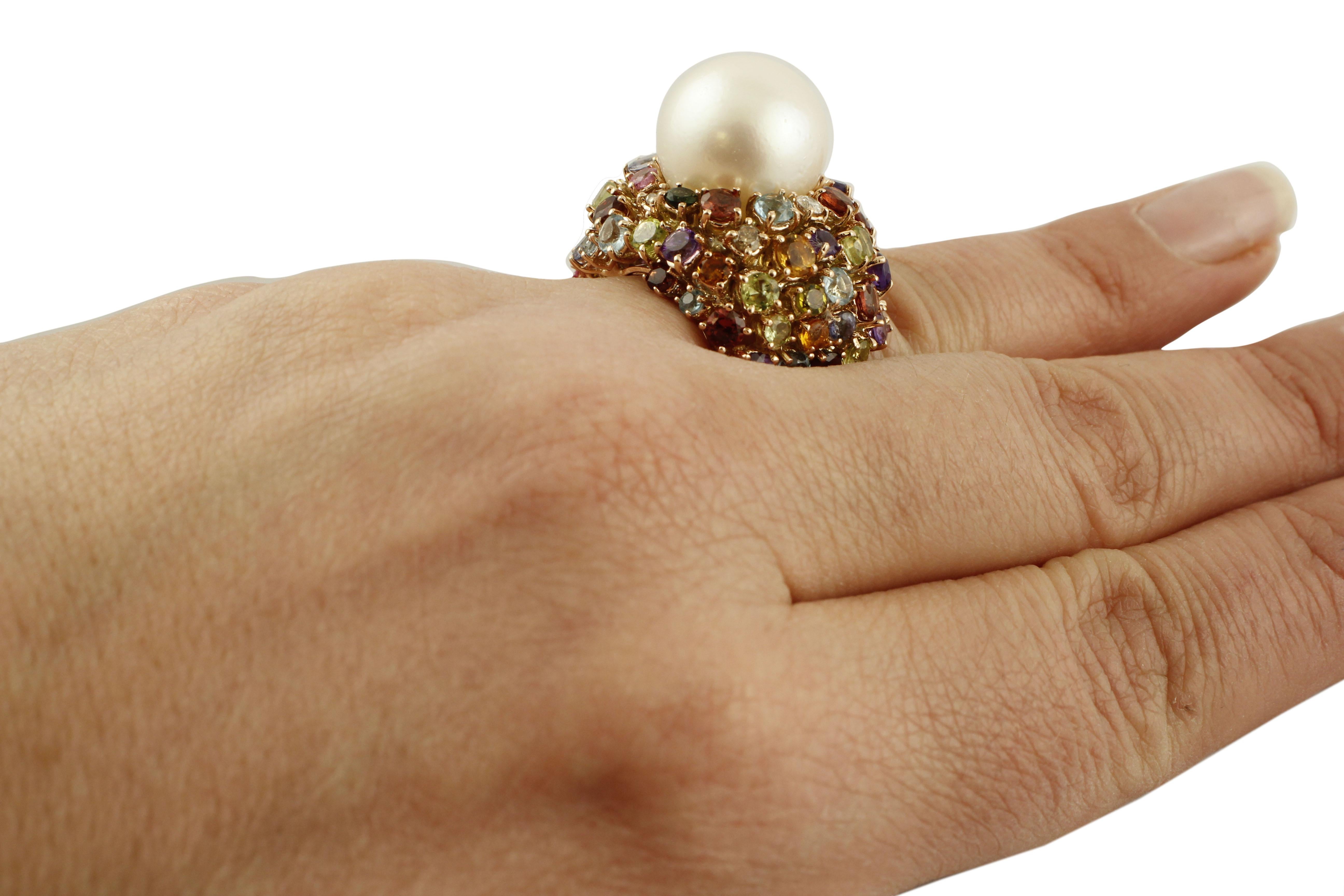 South Sea Pearl, Diamonds, Citrine, Tourmaline, Amethysts, Aquamarine Ring In Excellent Condition In Marcianise, Marcianise (CE)