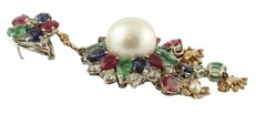 Pearl, Diamonds, Emeralds, Rubies, Sapphires, 14k White&Rose Gold Earingsr