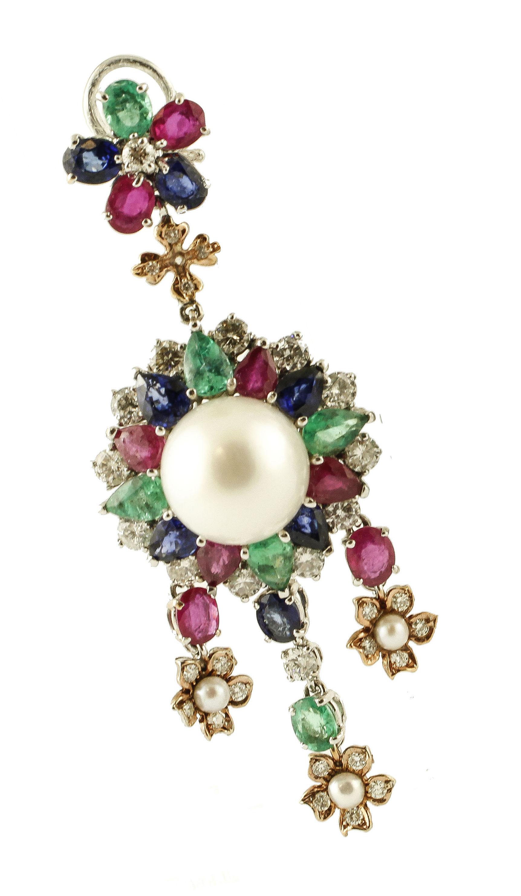 Retro Pearl, Diamonds, Emeralds, Rubies, Sapphires, 14k White&Rose Gold Earingsr For Sale