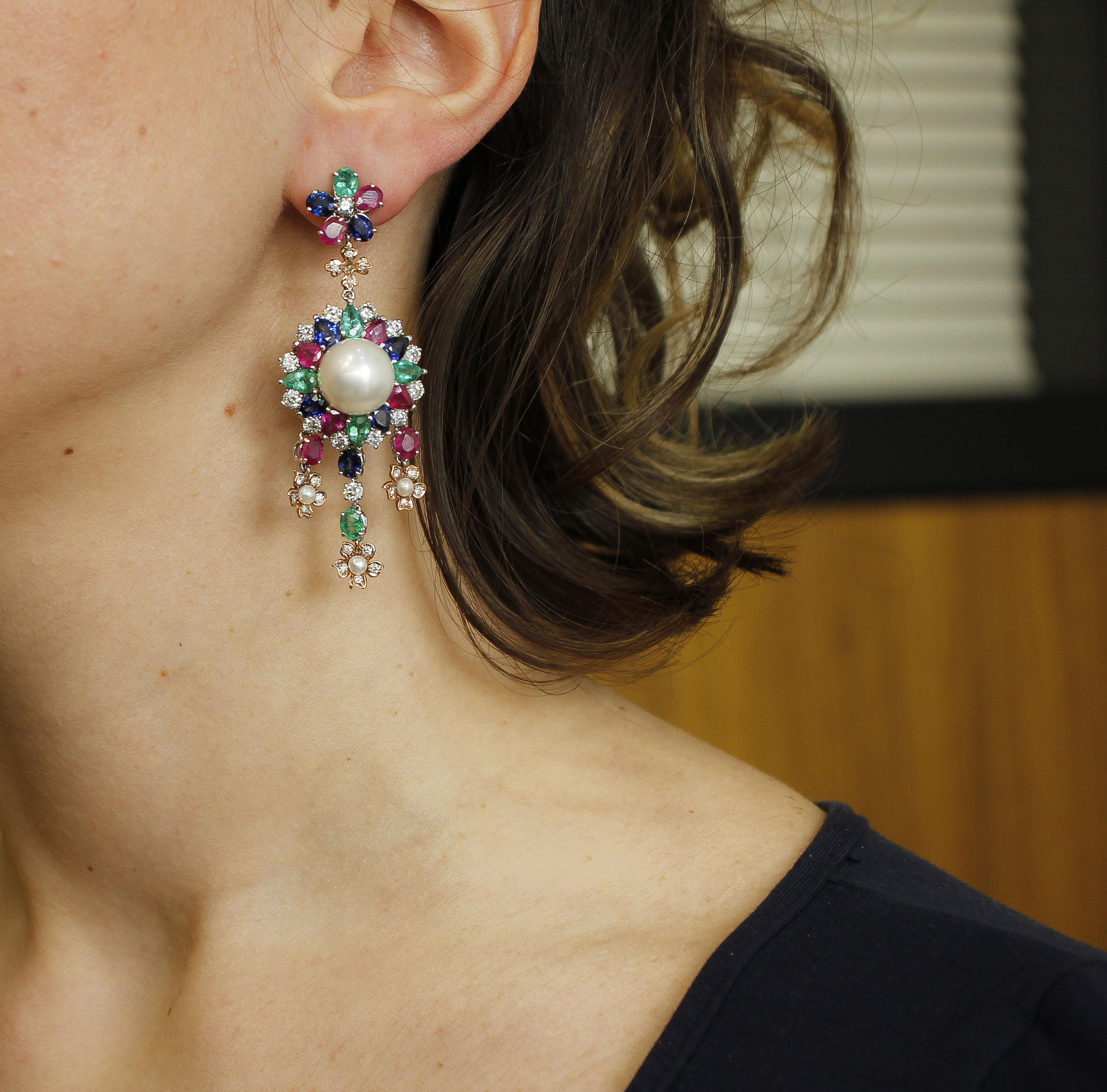 Women's Pearl, Diamonds, Emeralds, Rubies, Sapphires, 14k White&Rose Gold Earingsr For Sale