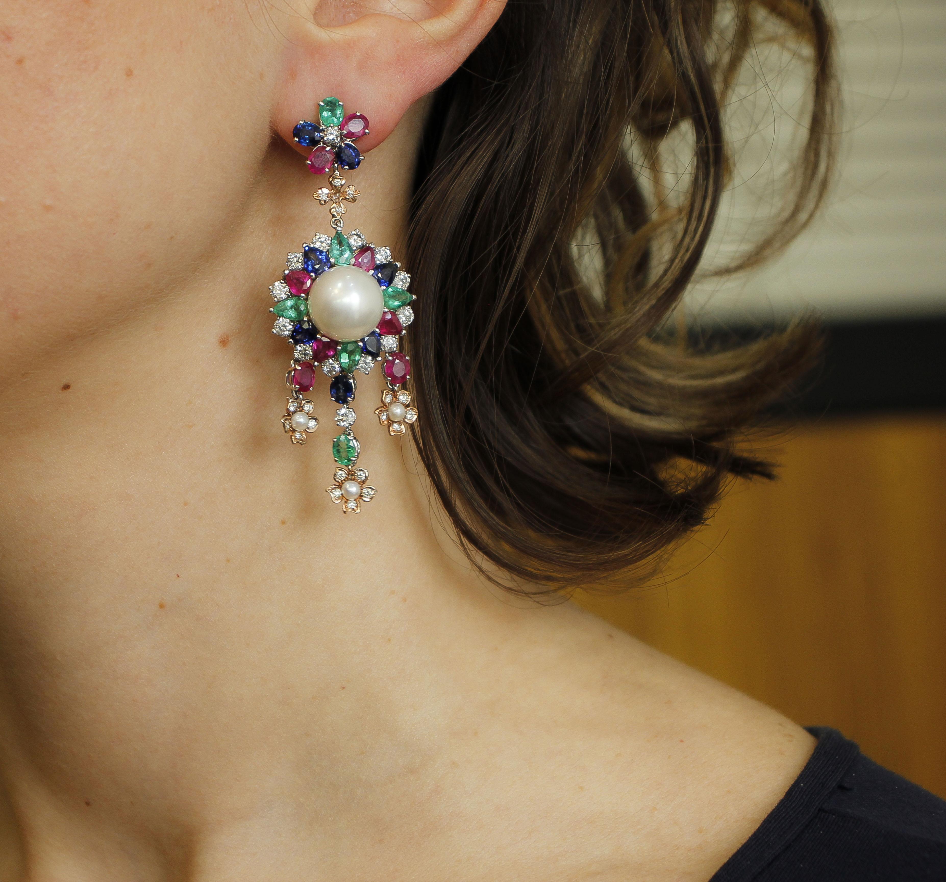 Pearl, Diamonds, Emeralds, Rubies, Sapphires, 14k White&Rose Gold Earingsr For Sale 1