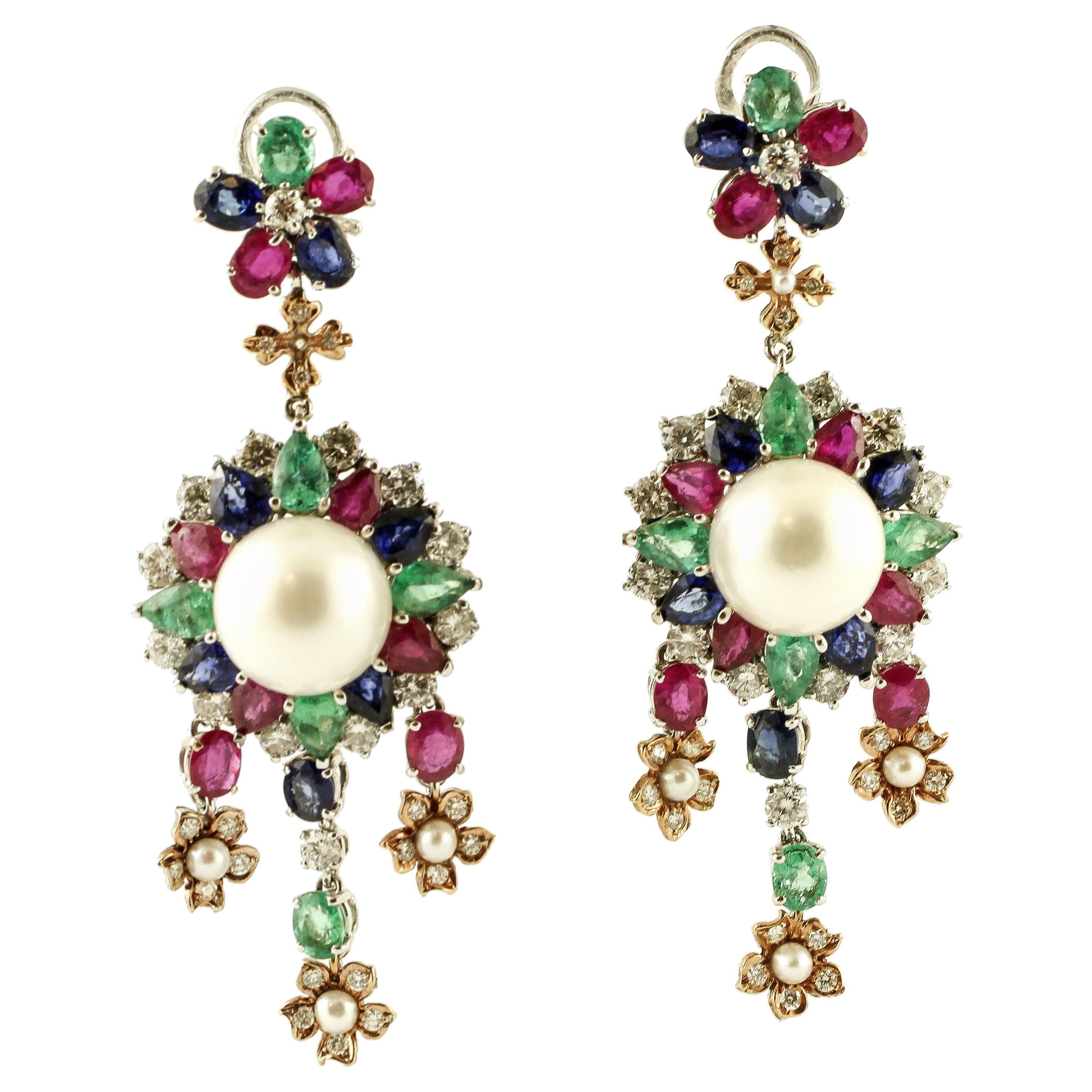 Pearl, Diamonds, Emeralds, Rubies, Sapphires, 14k White&Rose Gold Earingsr For Sale
