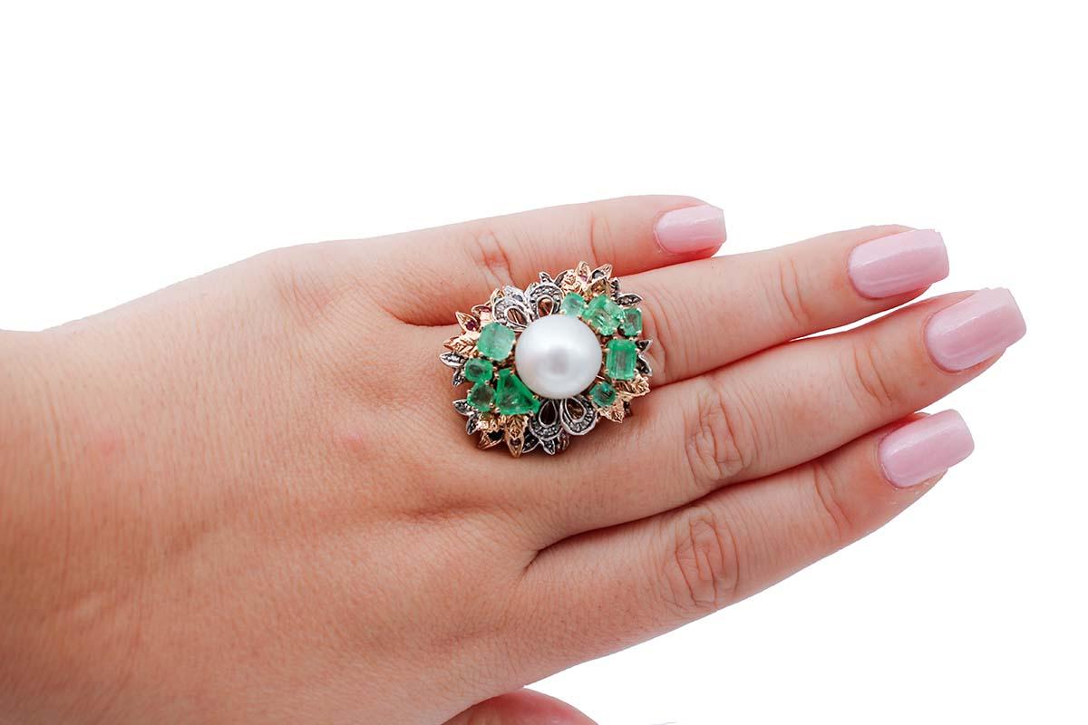 Mixed Cut South-Sea Pearl Diamonds Emeralds Sapphires Rubies 9Kt Rose Gold and Silver Ring